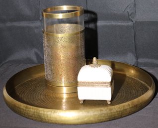 Large Round Hammered Brass Tray, Decorative Box With Acorn Finial Is And Hurricane Candle Holder