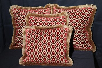 Collection Of 4 Quality Custom Accent Pillows Upholstered In A Crimson And Gold Toned Velvet Fabric