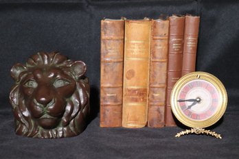 Antique Books In Swedish, Please See Pictures For Titles 1920s -30s, Lions Head Bookends And Desk Clock
