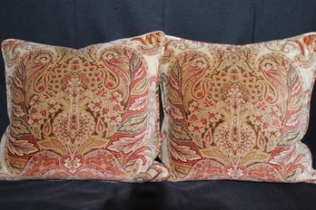Set Of 4 Quality Custom Made Decorative 16- Inch Down Filled Zipper Accent Pillows In Fancy Red And Gold Tone
