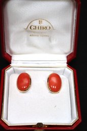 18K YG Pair Of Beautiful Oval Coral Earrings