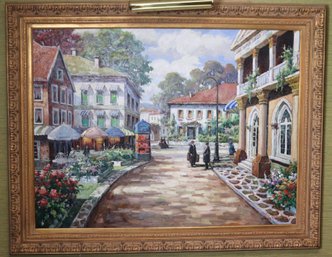 Vibrant European Street Scene Painting Signed By Artist.