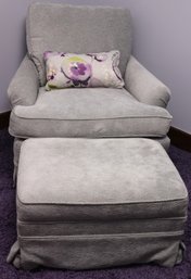 Cute And Cozy Armchair With Ottoman Upholstered In A Modern Gray Toned Linen Fabric