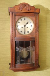 VIntage Regulator Pendulum Wall Clock With Beautiful Stained And Textured Glass.