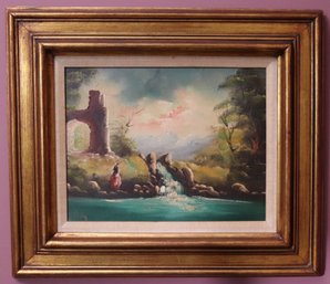 Vintage Picturesque Oil On Canvas Countryside Landscape Painting Signed By Artist