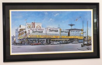 Nathans Famous Hot Dog Framed Print Signed By Ken Keeley Measures Approximately 42 Inches W X 24 Inches T.