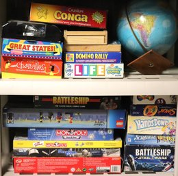Large Assortment Of Board Games Including Monopoly, Battleship, Box Of Golf, Scrabble And More