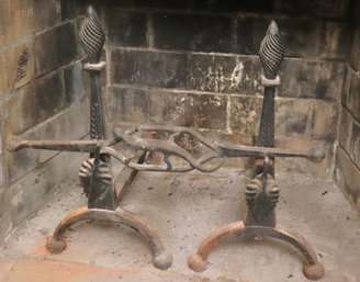 Vintage 3 Piece Heavy Cast Iron Fireplace Andirons With Crossbar.