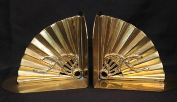 Hollywood Regency Style Asian Fan Shaped Polished Brass Bookends