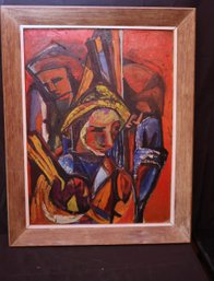 Mid- Century Expressionist Oil On Board Painting With Vibrant Palette & Bold Brush Work Of Stylized Features.