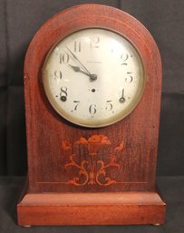 Seth Thomas 8 Day Time And Strike Dome Top Mantel Clock With Gorgeous Inlaid Floral Wood Design.