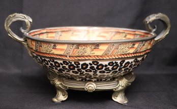 Dominic Crackle Glaze Porcelain Centerpiece Bowl With Brass Mount And Handles
