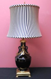 Exceptional French Empire Style Brass Encased Table Lamp With Striped Shade