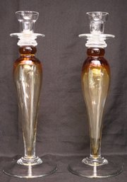 Pair Of Large Murano Art Glass Hand Blown Amber Color Candle Holders