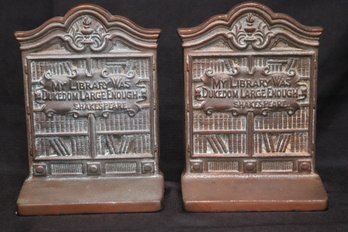 Pair Of Vintage Cast Iron Shakespeare My Library Was Dukedom Large Enough Bookends