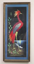Vintage Vibrant Hand-Painted Mexican Folk Art Bird Painting Embellished With Real Bird Feathers