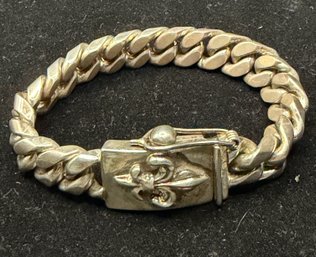 Sterling Silver 8' Heavy Cuban Link Bracelet With Fleur De Lis Motif Distinctive Clasp- Signed