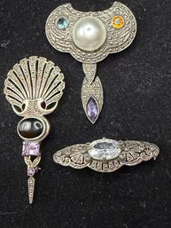 Sterling Silver Trio Of Vintage Marcasite Brooch Pins With Assorted Semiprecious Gemsones