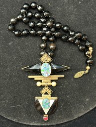 Sterling Silver Fabulous 21' Obsidian Beaded Necklace W Geometric Goldtone Pendant-