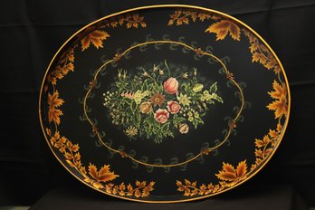 Large Decorative Metal Tray With Floral Stenciled Design