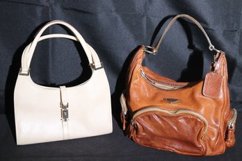 Vintage Prada Designer Brown Leather Handbag And Gucci Jackie Bardot Style Cream Tone Leather Handbag