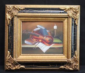 Beautifully Framed Still Life Painting Featuring Violin, Books And Candle Signed By Artist