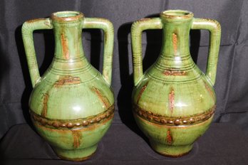 Includes 2 Large Decorative Ceramic Pottery Style Jugs/ Vases With Handles In A Green Glazed Finish -18 Inch