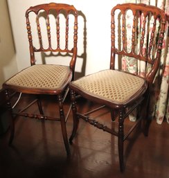 Pair Of Vintage French Country Farmhouse Style Carved Wood Chairs With Spindle Back