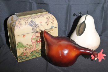 Home Decor Includes A Long Champ Rooster, Large Decorative Pear And Metal Tin With A Monkey Playing The Violin
