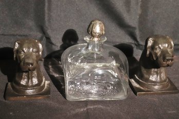 Vintage Glass Decanter Bottle With Sterling Silver Stopper And Bronze Finished Bookends Of A Retriever Dog