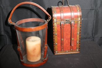 Home Decor Includes Glass And Leather- Bound Glass Hurricane Holder And Leather And Wood Wine Bottle Case