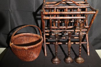 Home Decor Includes A Bamboo Style Magazine Stand, Woven Basket And Bronze Finished Candle Set