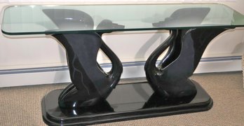 Vintage Black Lacquer Sculptural Swan Console Table With GlAss Top.