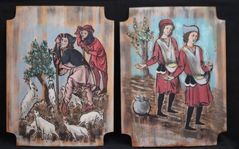 Pair Of Vintage Palladio Italy Hand-Painted Wood Panels Featuring Scenes Of Daily Life In Medieval Times