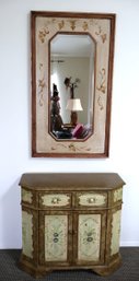 Vintage Italian Floral Style Cabinet And Matching Wall Mirror.  Wall Mirror Has Painted Floral On Crackle Look