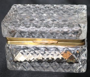 Vintage Heavy French Crystal Jewelry Casket Box With Brass Rim