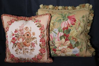 2 Decorative Embroidered Floral Tapestry Style Down Filled Zipper Pillows With Tassel Accent Approx. 17 Inches