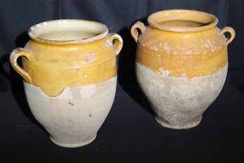 Includes A Pair Of Primitive/ Antique French Terra Cotta Glazed Pottery Confit Pots With Handles