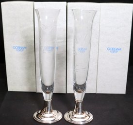 4 Gorham Sterling Silver Weighted Base Etched Glass Vases