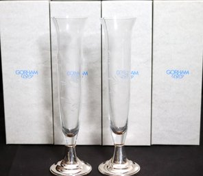 4 Gorham Sterling Silver Weighted Base Etched Glass Vases