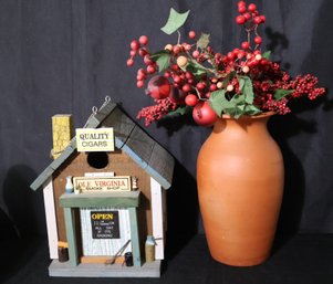Hanging Wood Bird House & Terracotta Vase With Faux Floral Arrangement
