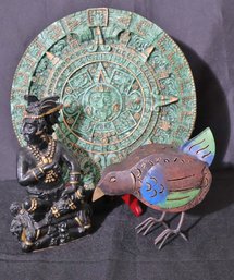 3 Pc. Aztec Sun Stone, Chac Zutz Mayan Figure & Metal Bird Sculpture