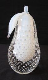 Large Controlled Bubble Clear And White Art Glass Pear Paperweight