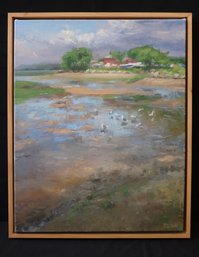 Low Tide At Stony Brook Creek Oil On Canvas Landscape Painting By Doug Reina