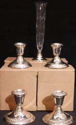 4 Gorham Sterling Silver Weighted Candlestick Holders And Gorham Sterling Silver Weighted Base Etched Glas