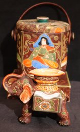 Hand Painted Japanese Satsuma Moriage Ice Bucket With Lid And Elephant Ashtray Cigarette Holder