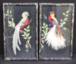 Pair Of Vintage Vibrant Hand-Painted Mexican Folk Art Bird Painting Embellished With Real Bird Feathers
