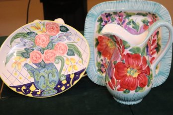 Made In Italy Floral Pitcher And Plate, Tricia Laurette Signed Plate Made For Italy