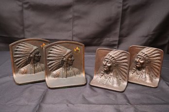 2 Vintage Pairs Of Native American Warrior Chief Bookends
