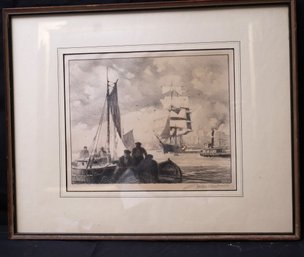 Vintage Nautical Themed Gordan Grant Signed Pencil Sketch
